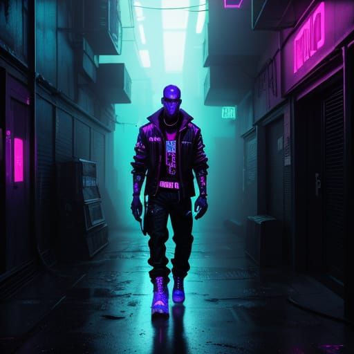 Cyberpunk Rapper in Neon Alleyway - Digital Art