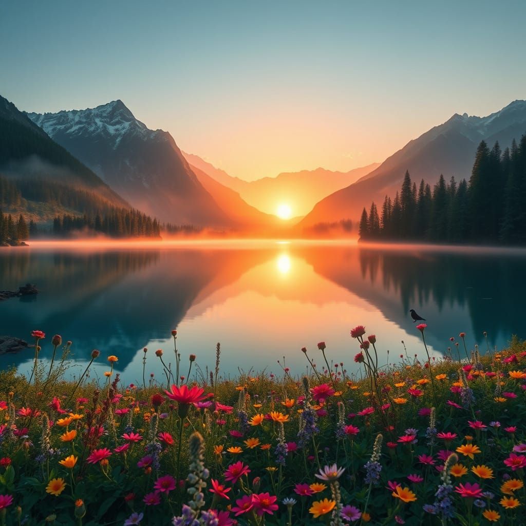 Whimsical Dawn Paradise with Majestic Snow-Capped Mountains....