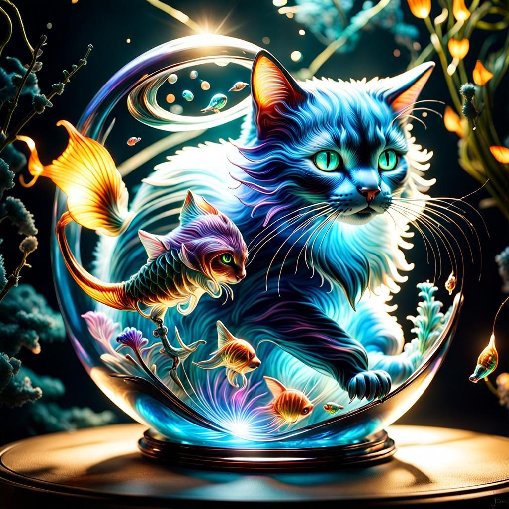Bioluminescent Glass Cat Catches Fish: Fantasy Art