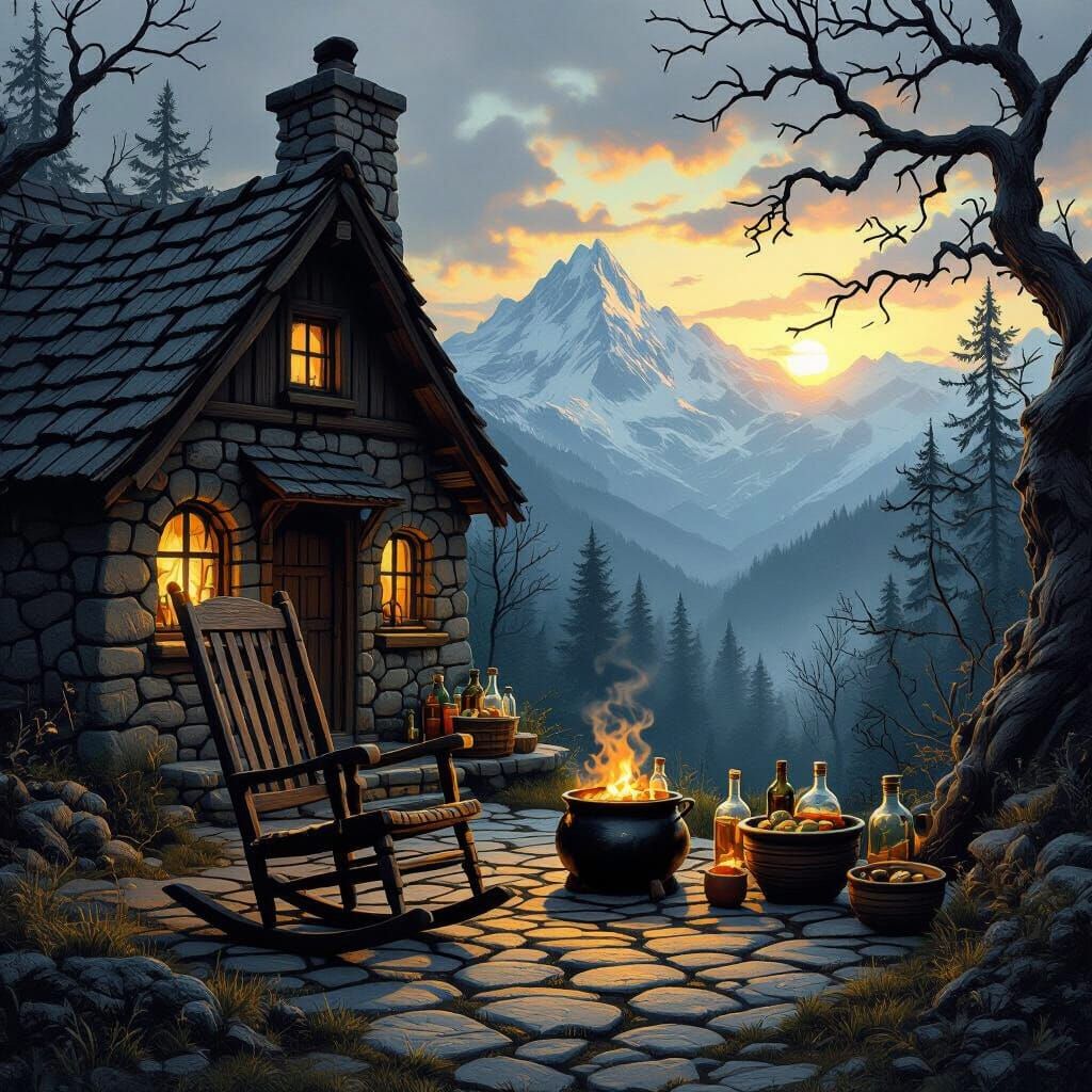 Ancient Cottage with Cauldron on Porch in Dark Fantasy Style