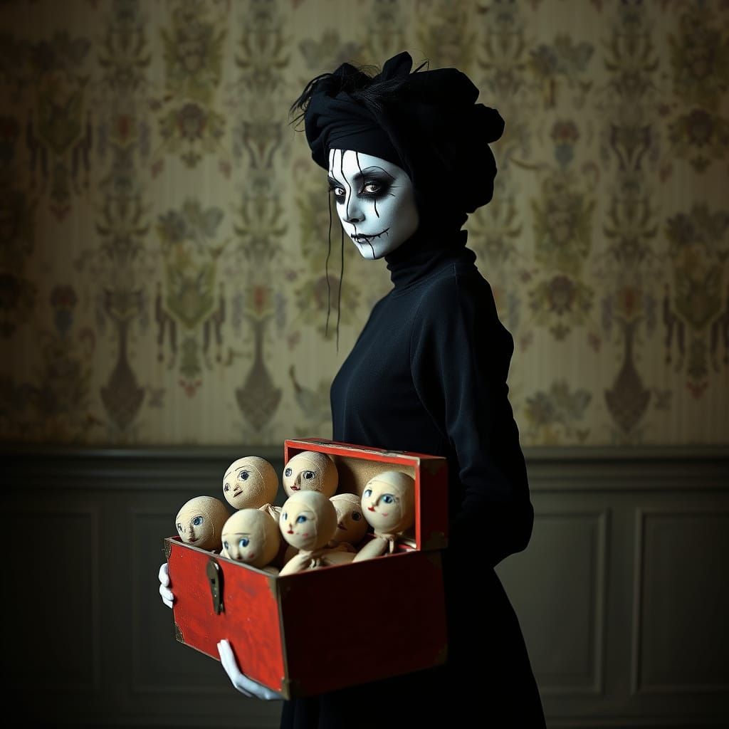 Woman Mime in Dark, Sinister Doll House