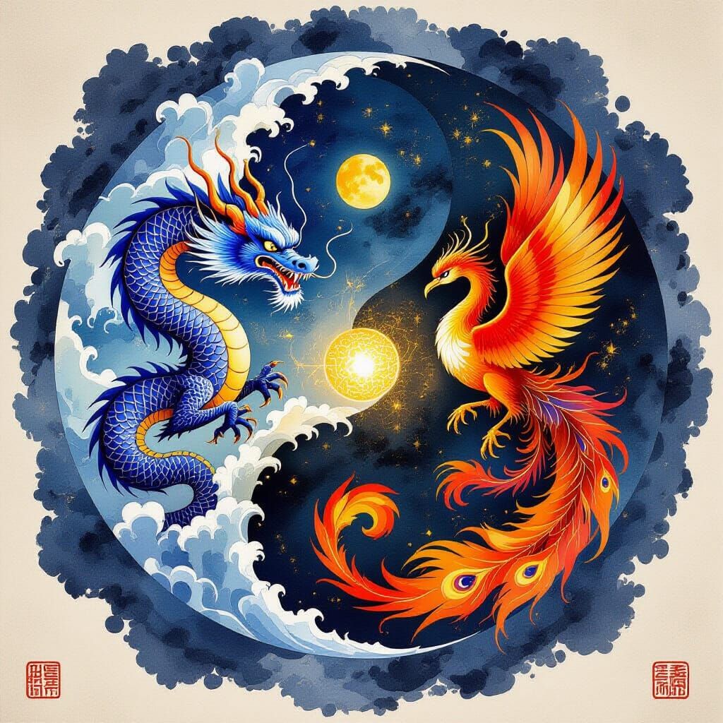 Yin Yang Dragon Phoenix Cosmic Ink Painting