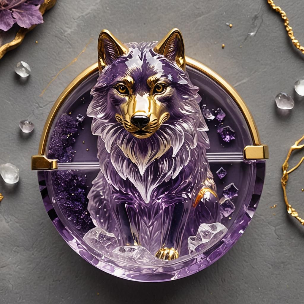 Crystal Glass Purple Wolf in Golden Box