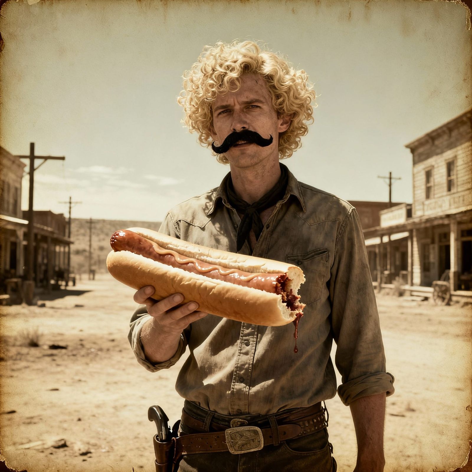 Lone Cowboy with Elongated Hotdog in Sun-Bleached Town