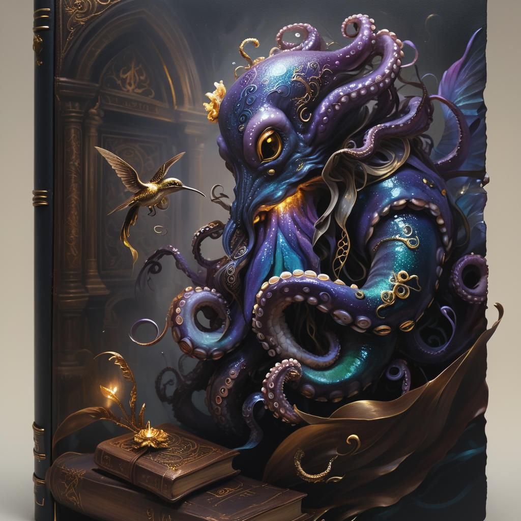 Octopus Seahorse Hummingbird in Dark Academia Art