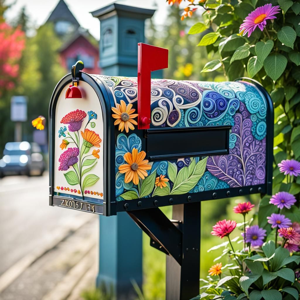 Zentangle Mailbox with Flowers in Bright Colors
