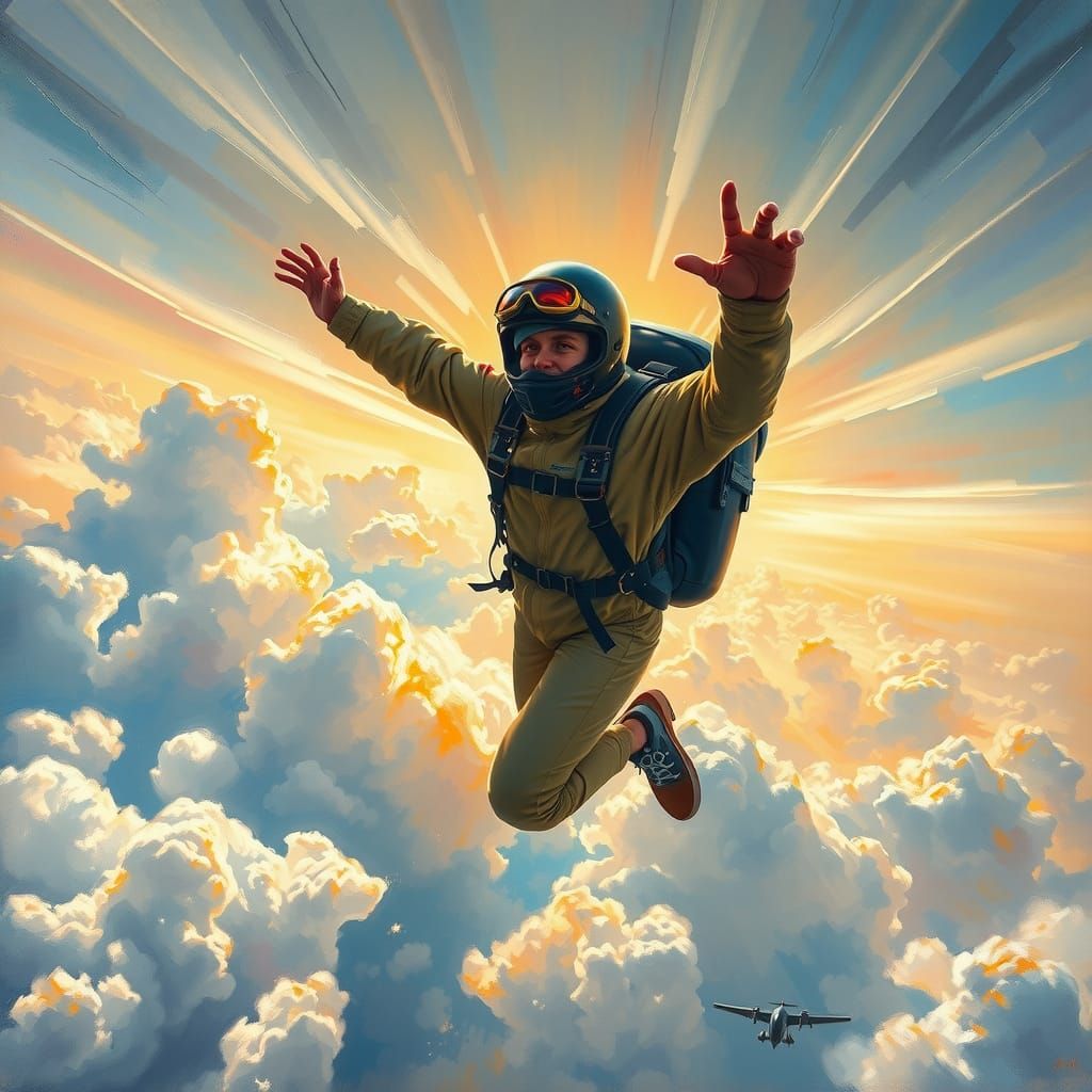 Skydiver in Ombre Sky: Impressionist Oil Painting
