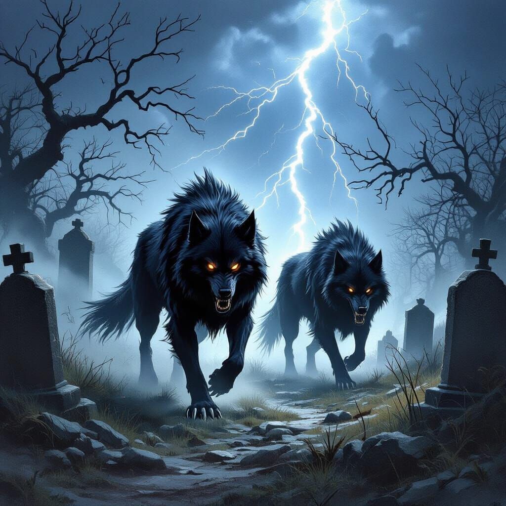 Demon Wolves in Cemetery, Gothic Dark Fantasy