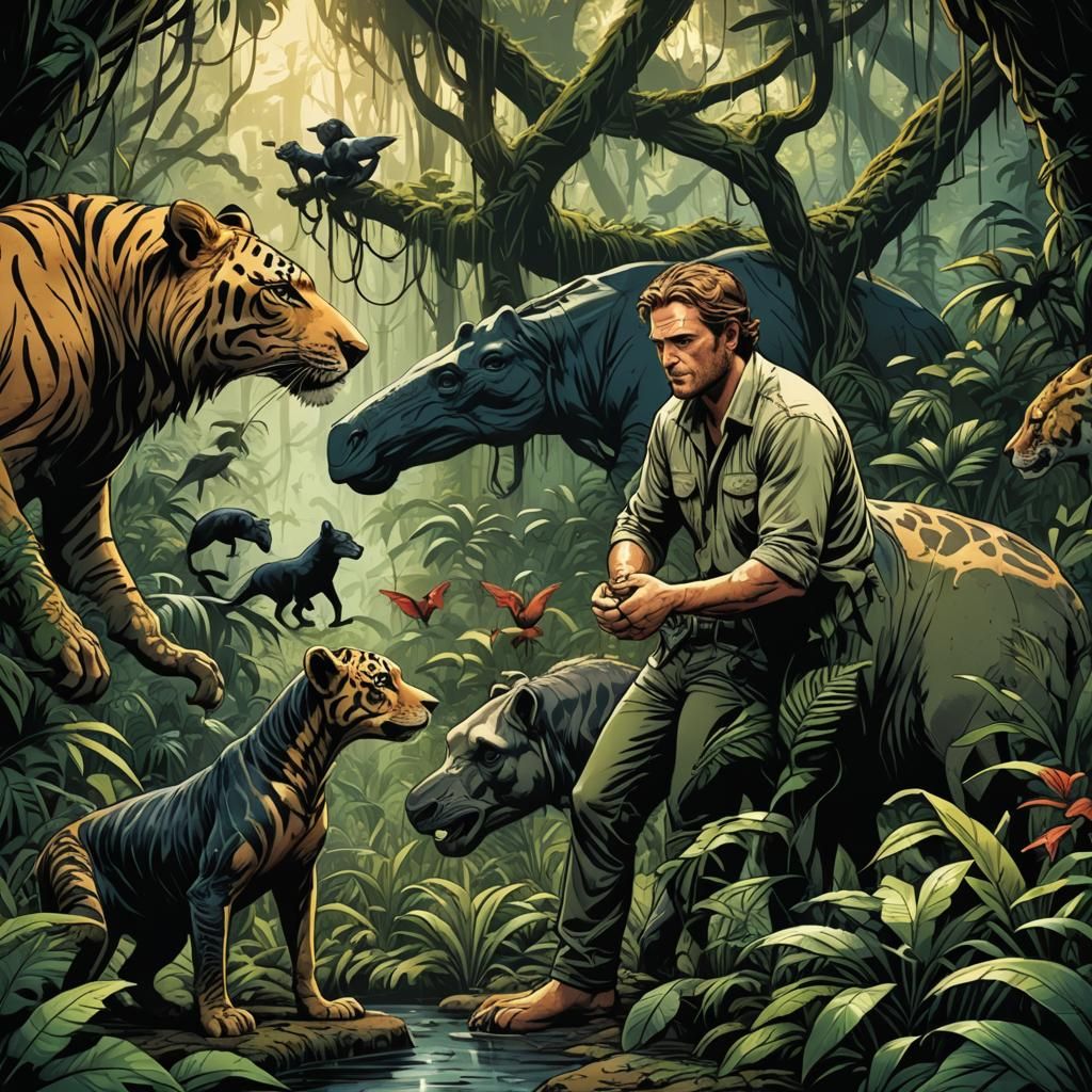Harmonious Jungle Scene in Comic Book Style