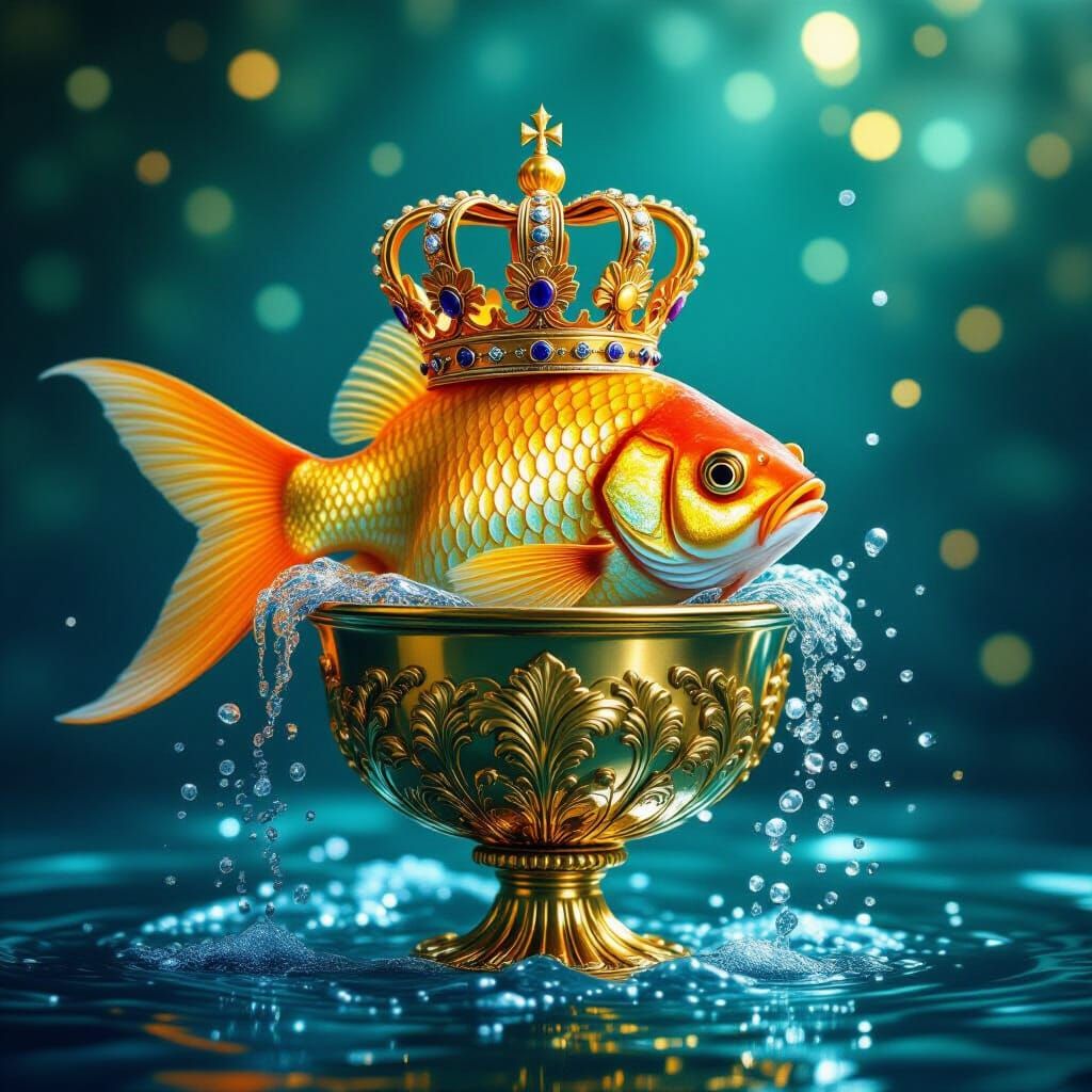 Golden Fish with Baroque Crown: Hyper-Realistic Digital Art