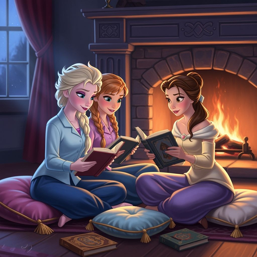 Princesses Reading by Fireplace in Cozy Pajamas