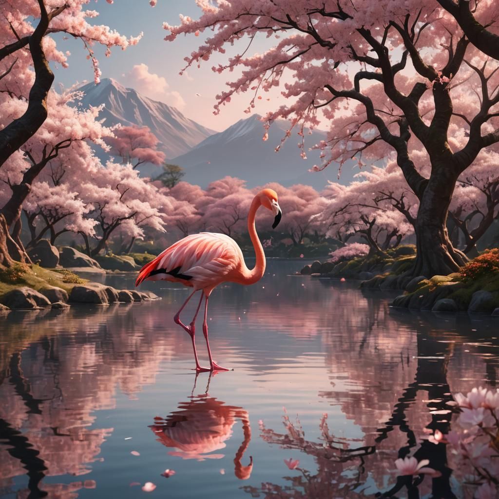 Flamingo in Cherry Blossom Lake: Digital Art