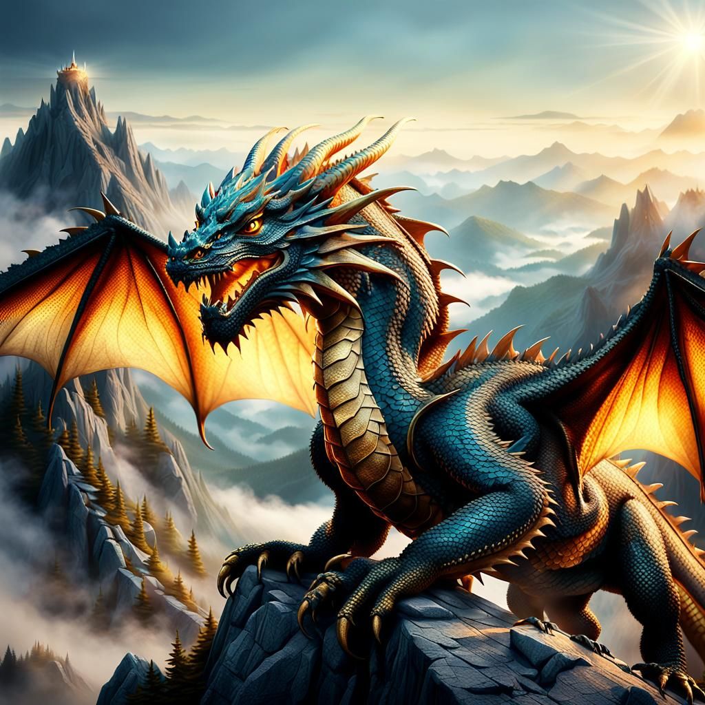 A Regal Dragon Reclines atop a Misty Mountain Peak in Golden...
