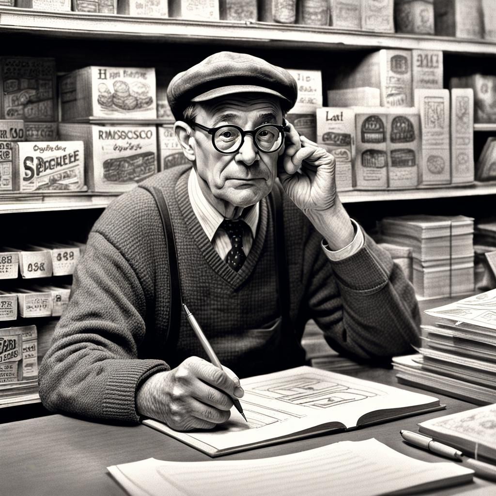 Retro Pencil Sketch of a Grocery Store Owner