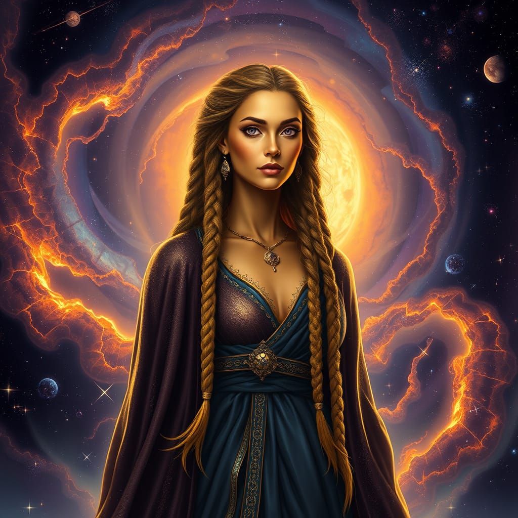 Majestic Woman Radiates Wisdom in Cyberpunk Nebula