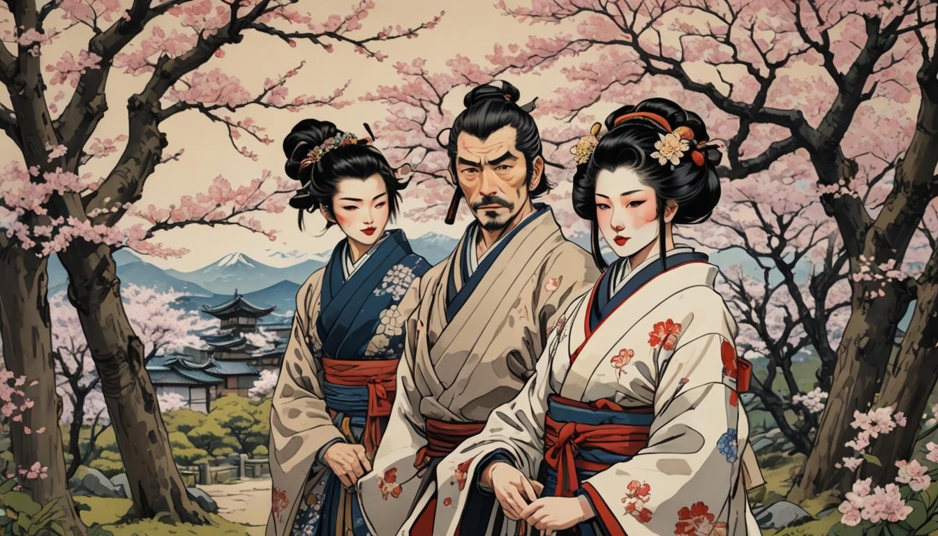 Shogun with geisha in sakura garden in medieval Edo