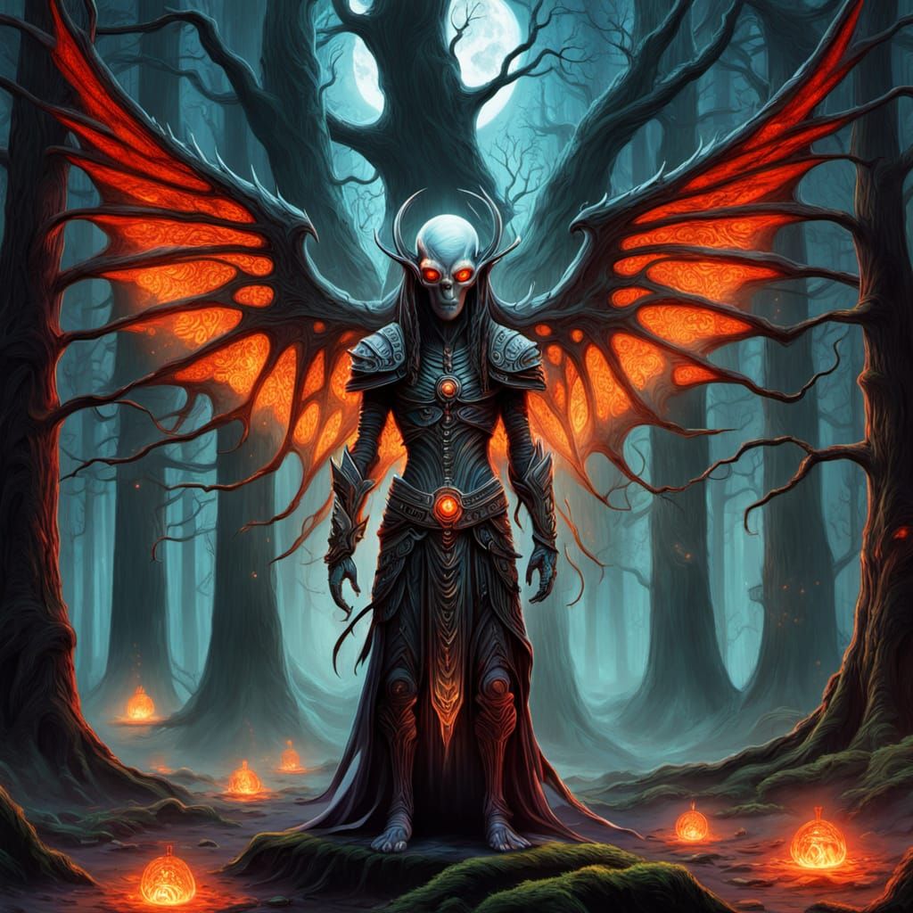 Techno-Shaman and Biomechanical Tree in Moon Forest