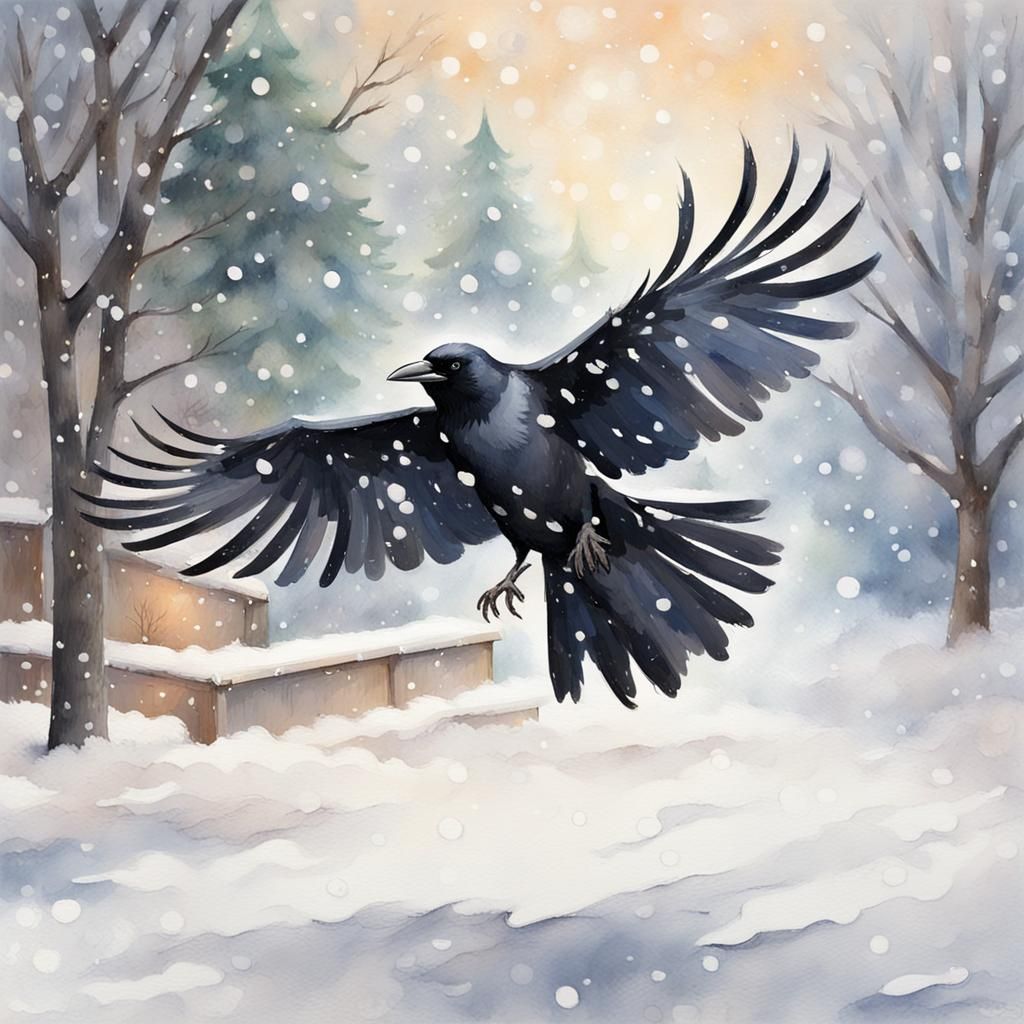 Festive Crow in Christmas Eve Snowstorm: Gouache Illustratio...