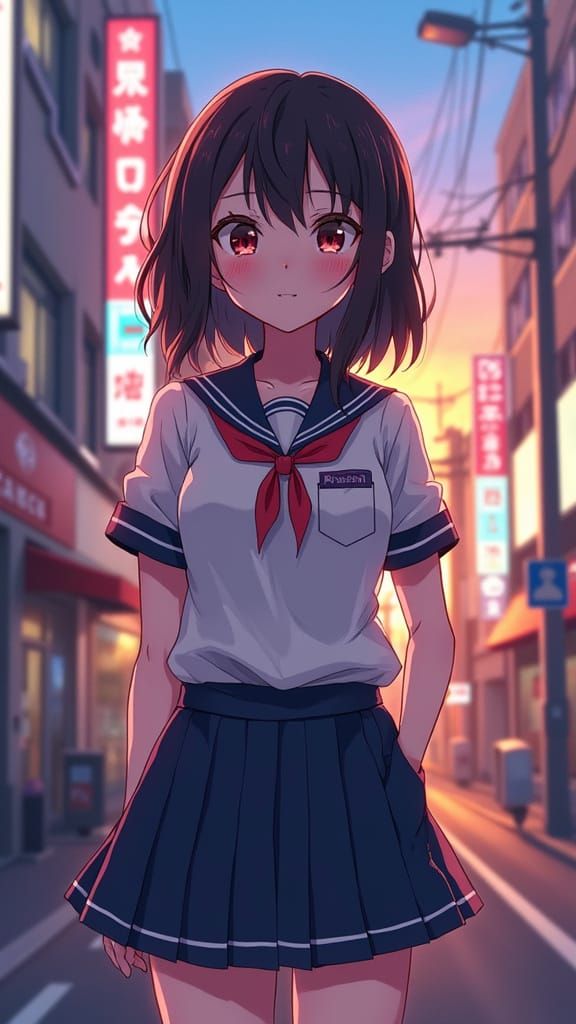 Anime Woman in Neon Tokyo Street at Sunset