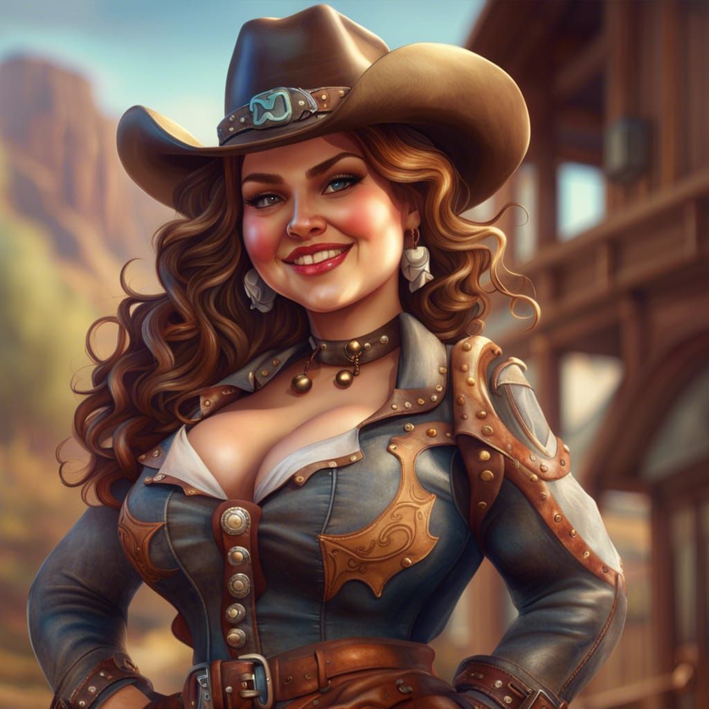 Elaborate Chubby Western Cowgirl in Detailed Matte Painting