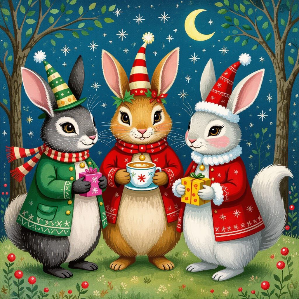 Whimsical Evil Animals Celebrate Holiday in Gouache Painting...