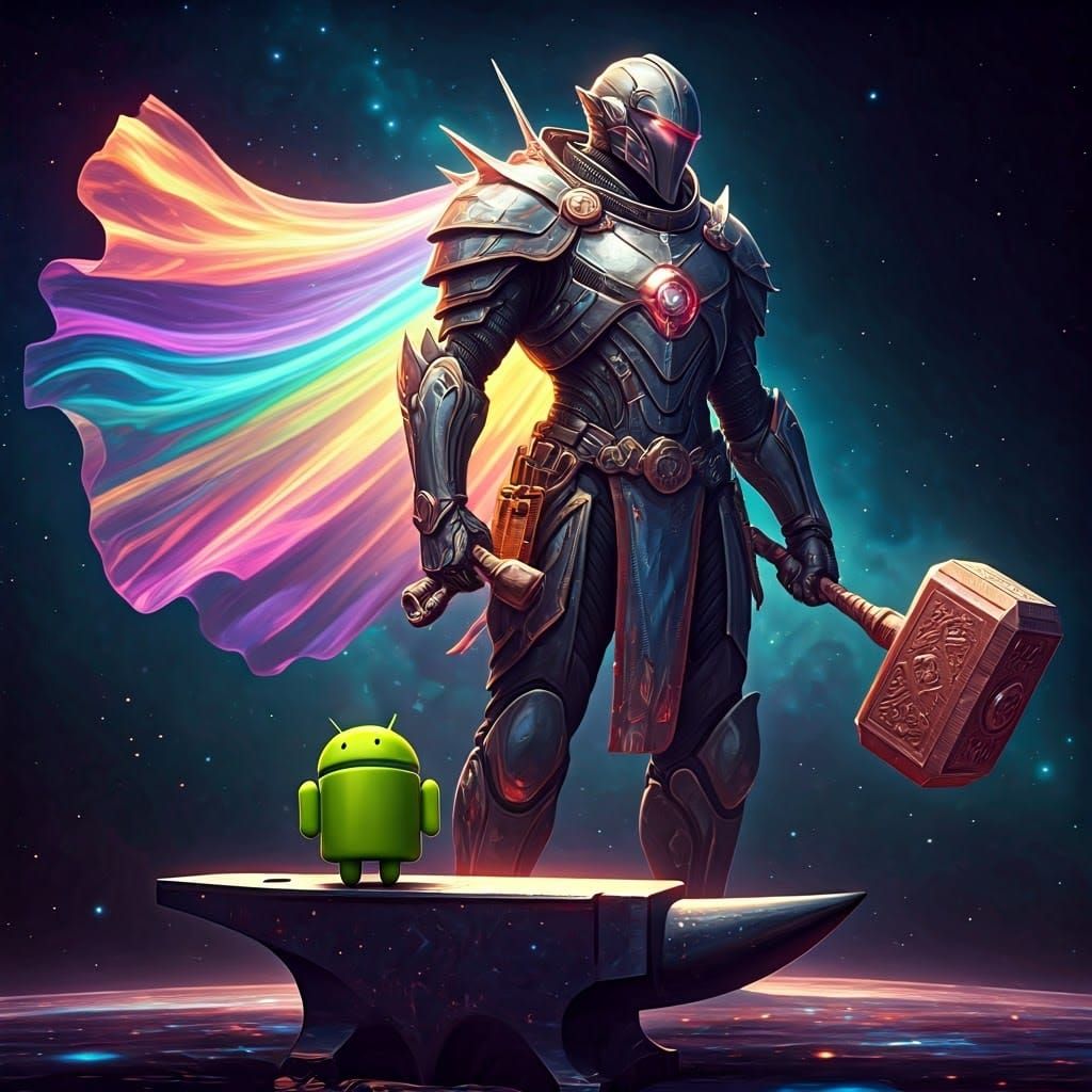 Epic Space Warrior in Galaxy Armor with Rainbow Cape