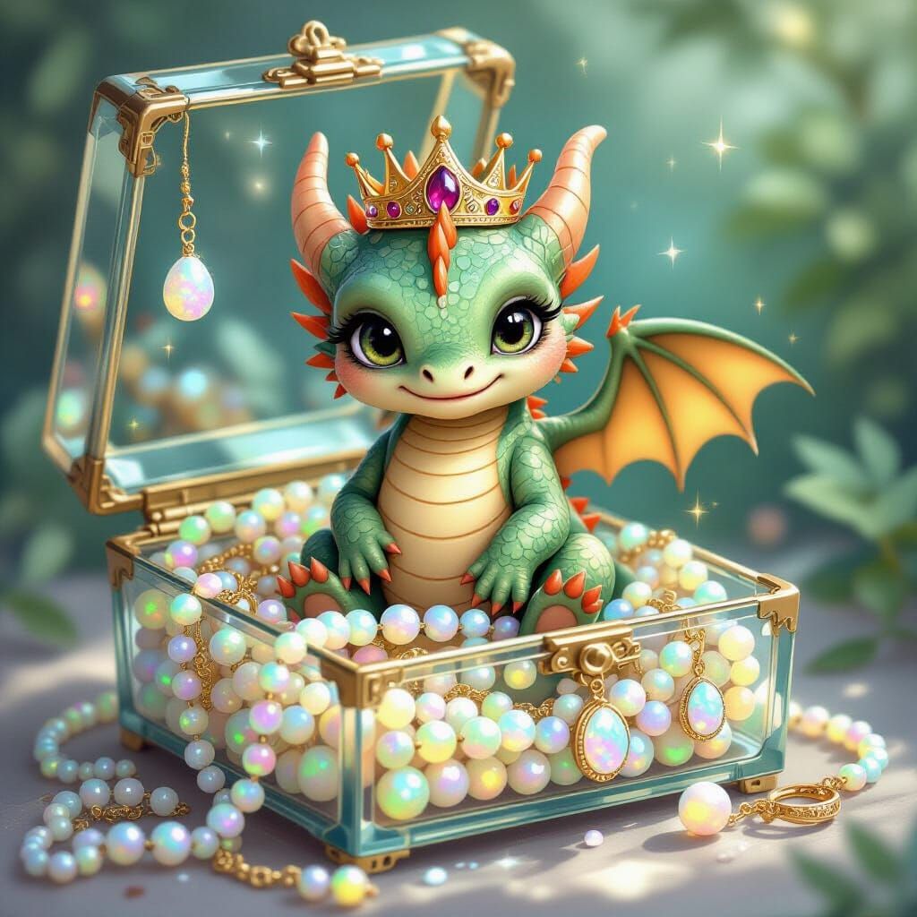 Baby Dragon with Opals, Whimsical Art