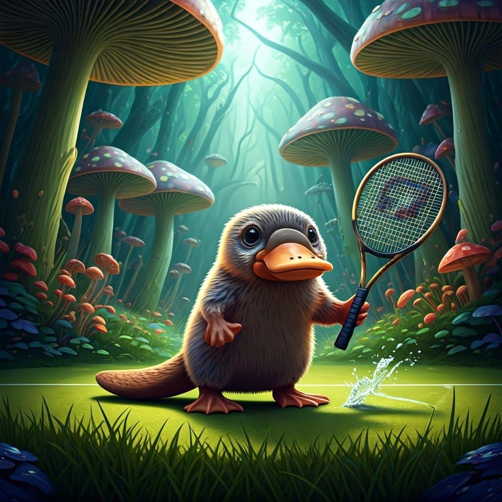 Cute baby platypus playing tennis