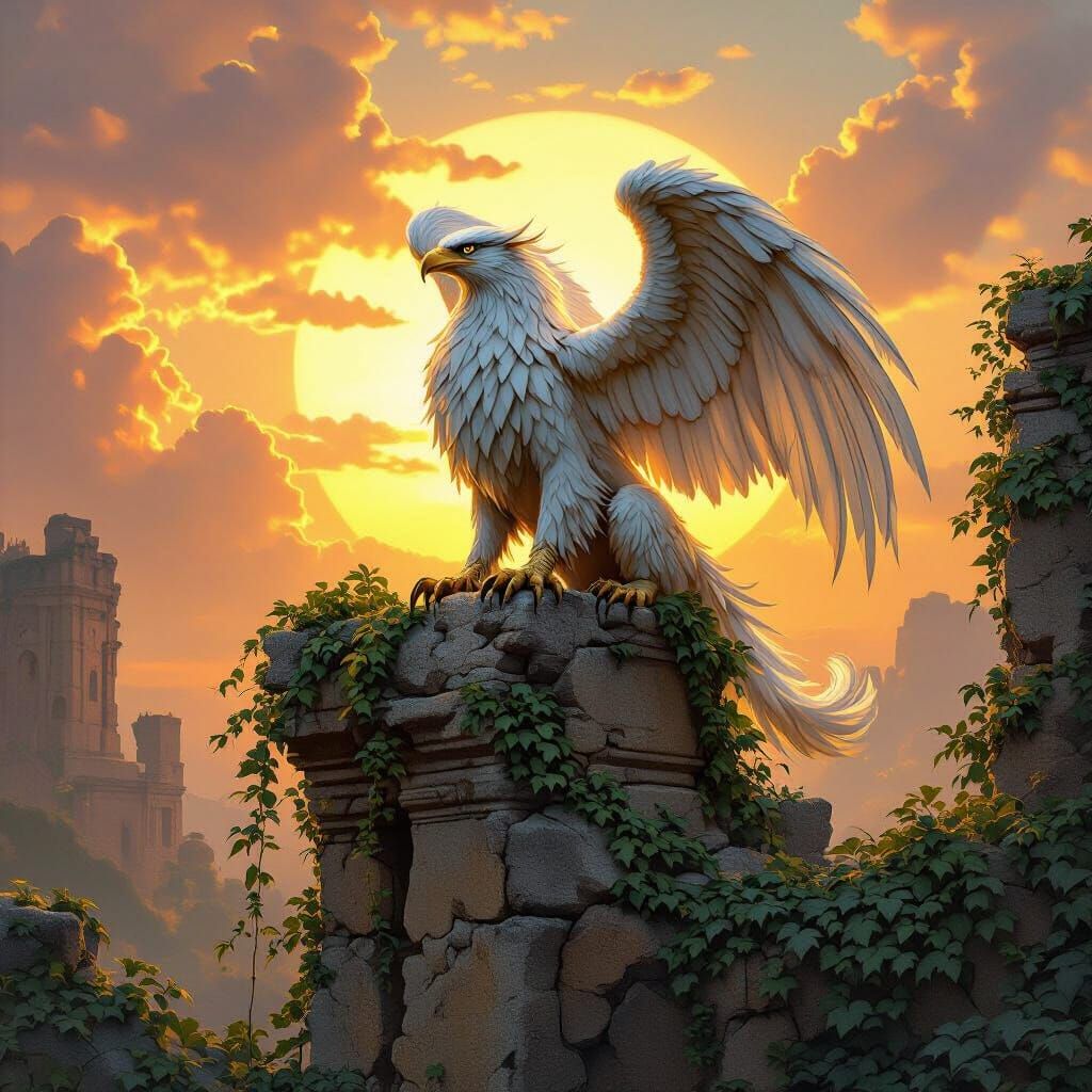 Griffin Perched on Ancient Ruin in Golden Light