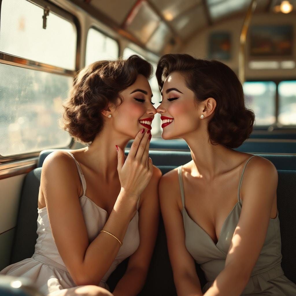 1950s Women Share a Secret on a Vintage Bus
