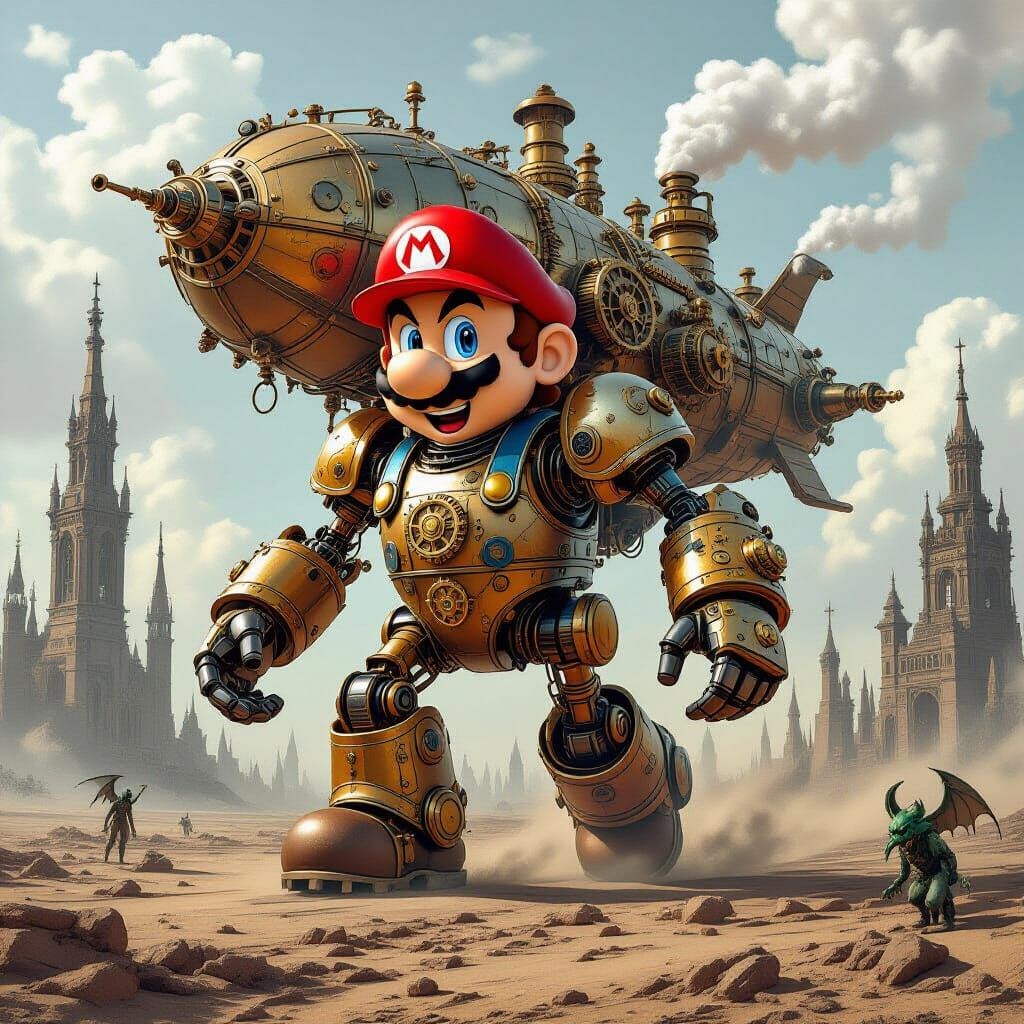 Steampunk Mario Automaton in Wasteland Landscape