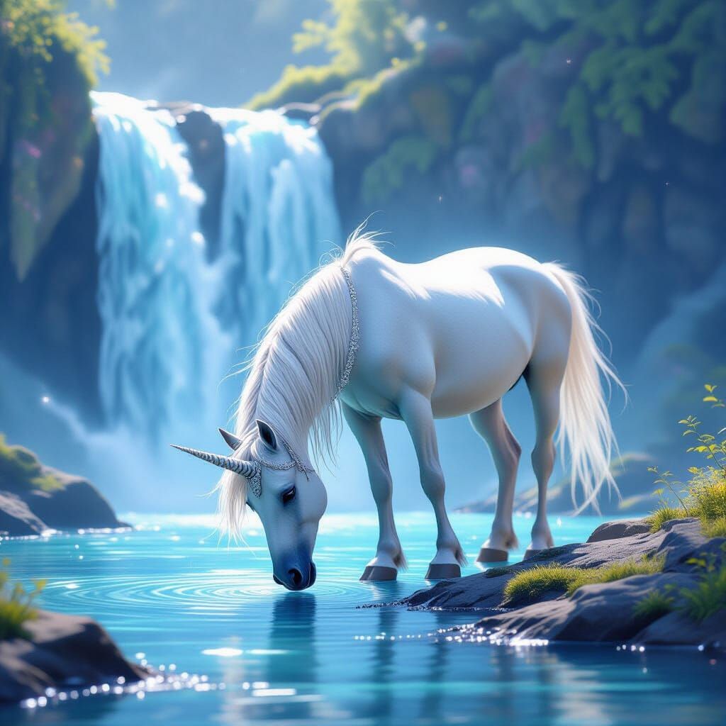 Unicorn Drinks From Luminous Waterfall in Ethereal Style