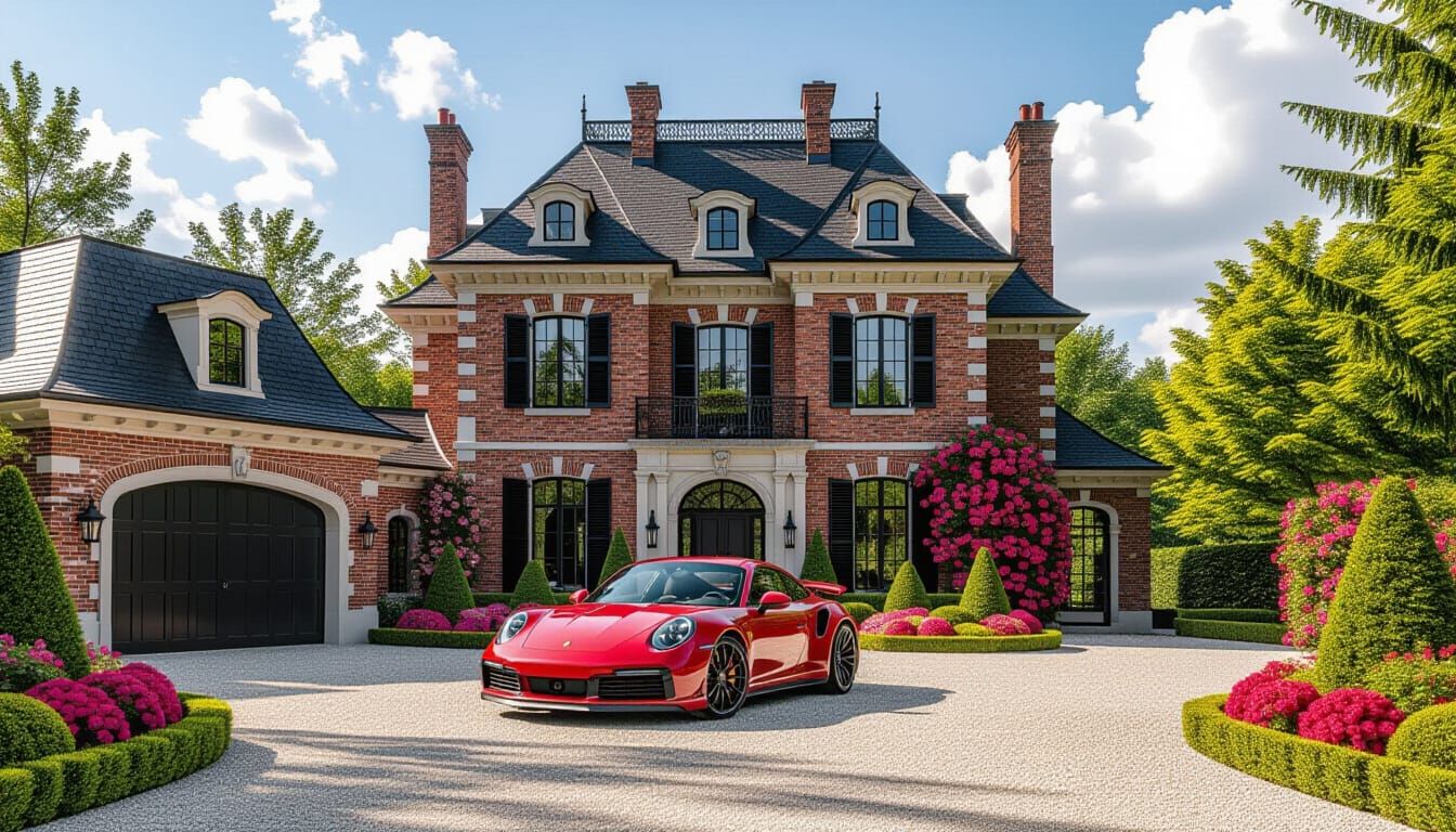 Victorian Chateau with Red Porsche 911 in Monet Style