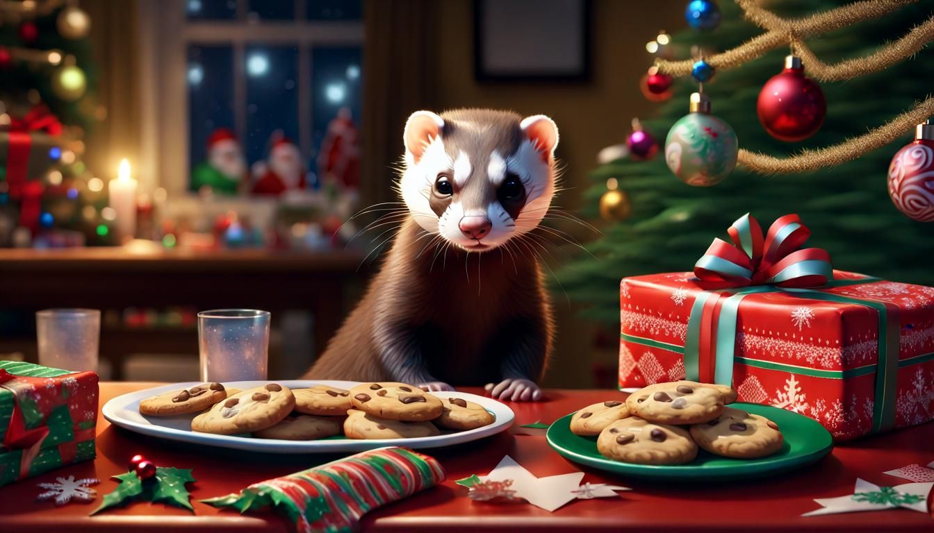 Festive Ferret Delivering Christmas Cookies at Night