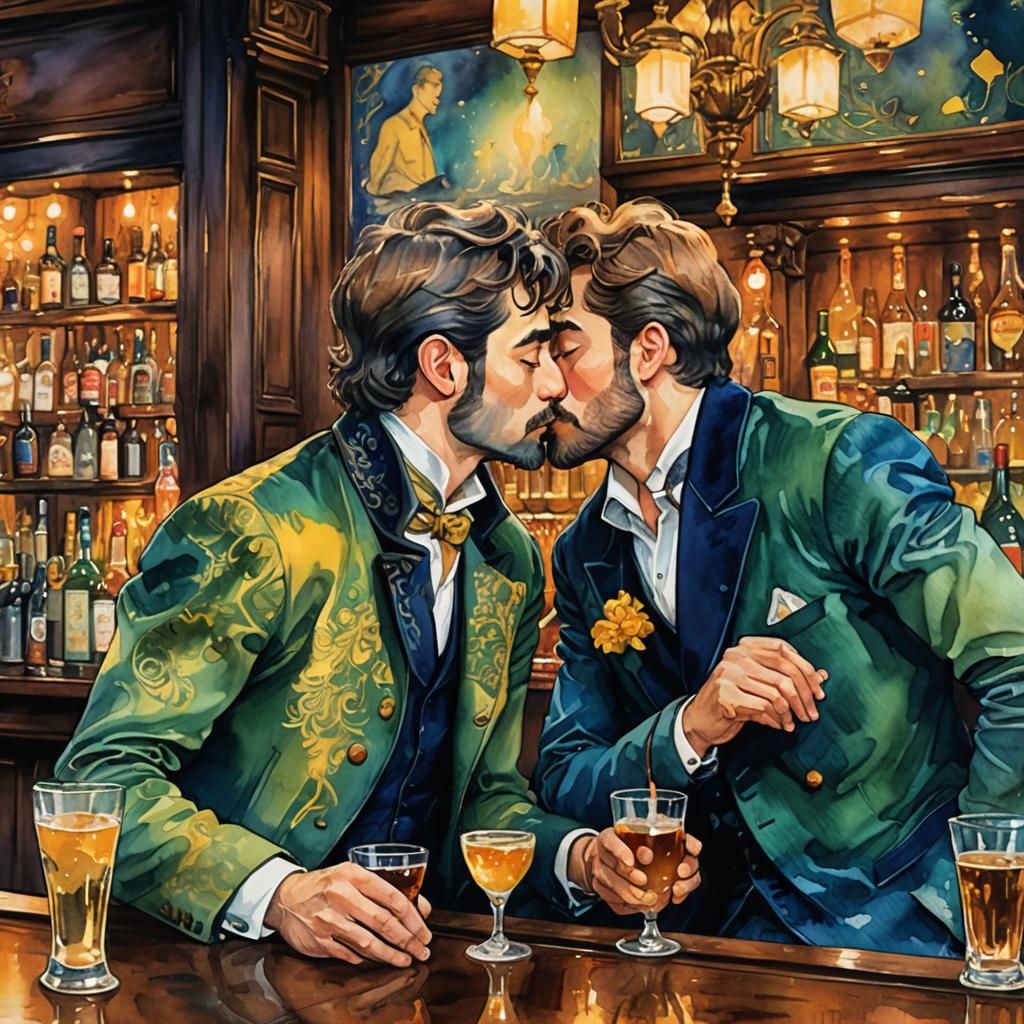 Men Kissing in Fantasy Bar as Watercolor Painting