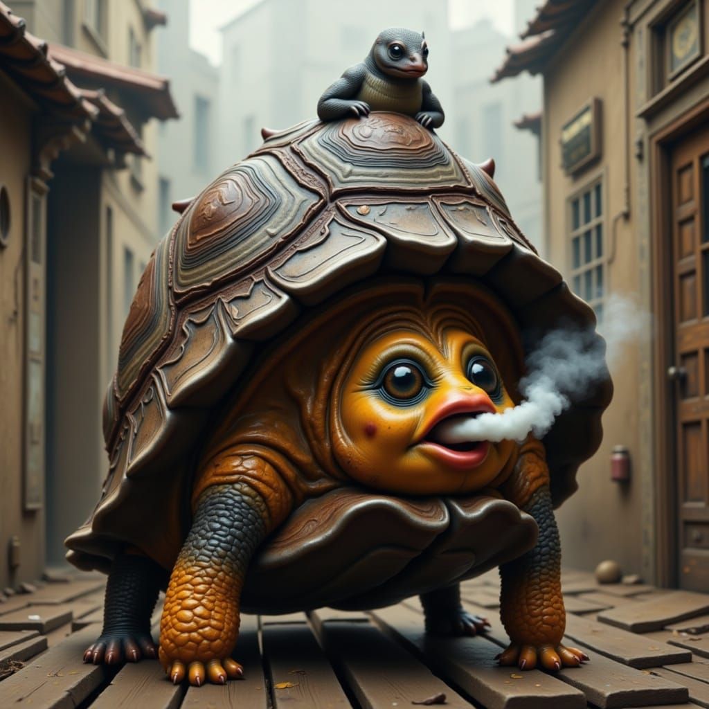 Shriveled Tortoise Addicted to E-Cigarettes Under Deck