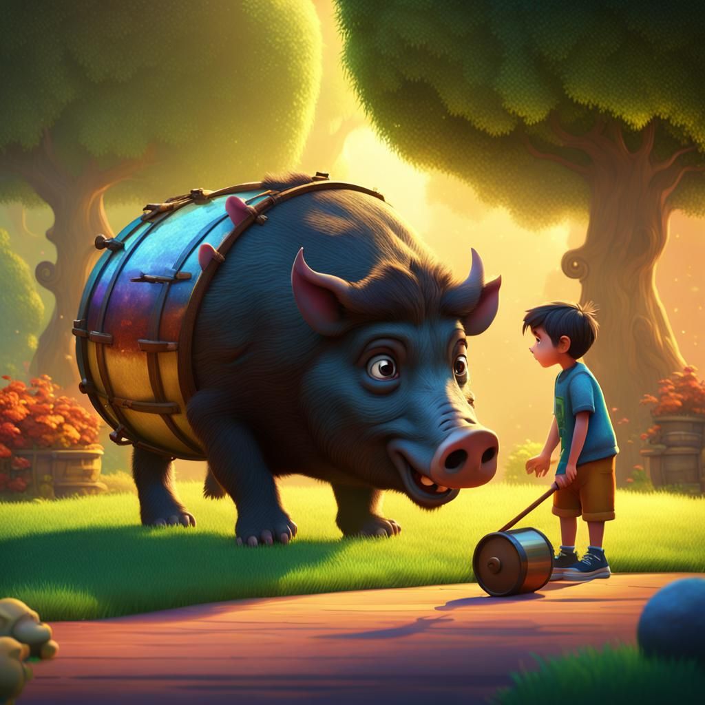Boy and Boar Discover Drum: 3D Digital Art