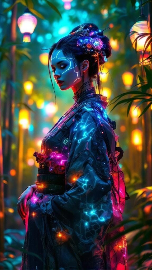 Cybernetic Geisha in Neon Forest: Digital Art
