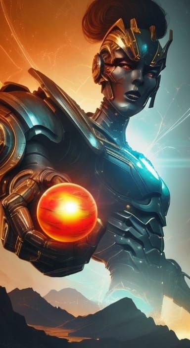 Triumphant Robot with Glowing Orb in Retrofuturism Style
