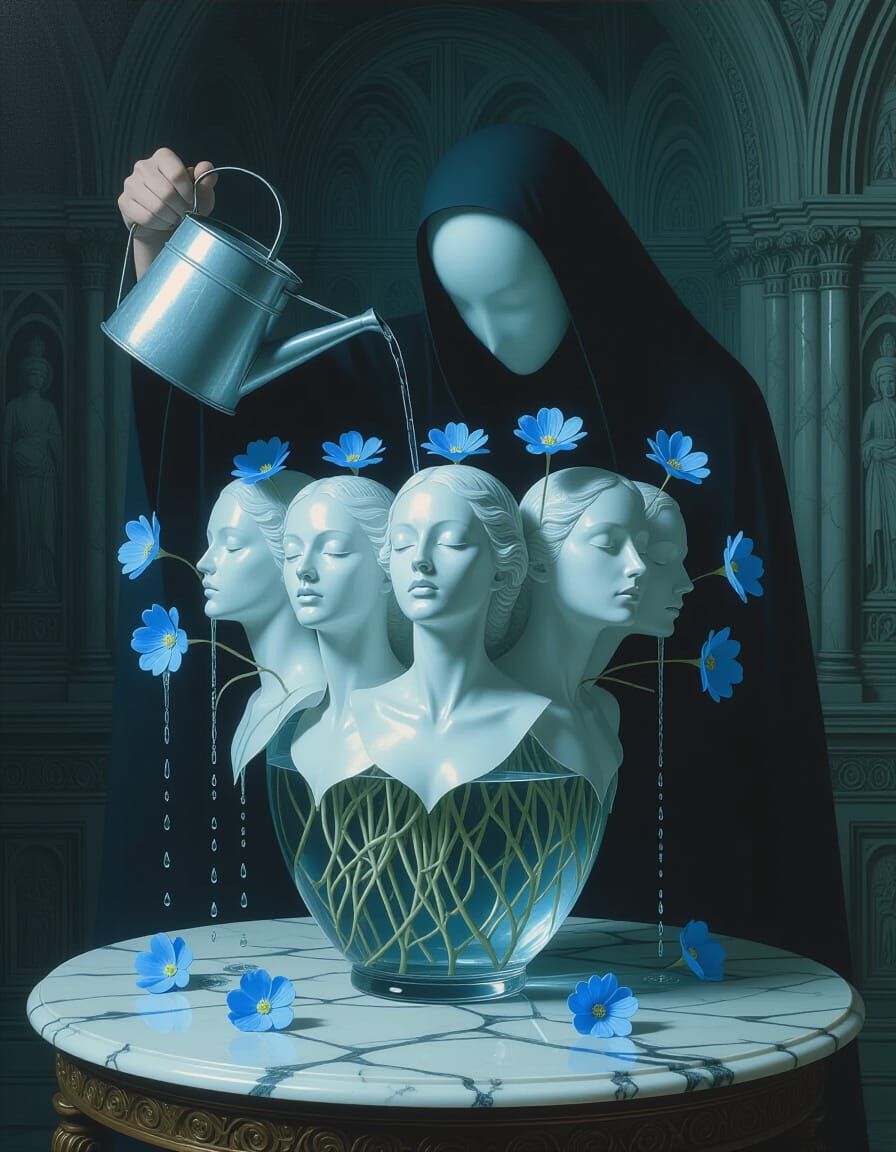 Macabre Dream Scene: Busts in Vase with Floral Droplets