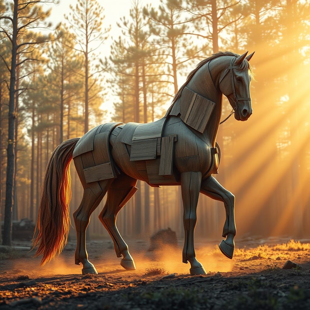 Majestic Wooden Horse in Sunlit Forest Clearing