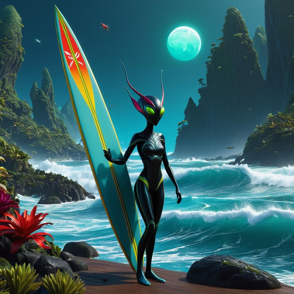 Alien Surfer Girl in Art Brut Fairytale Style