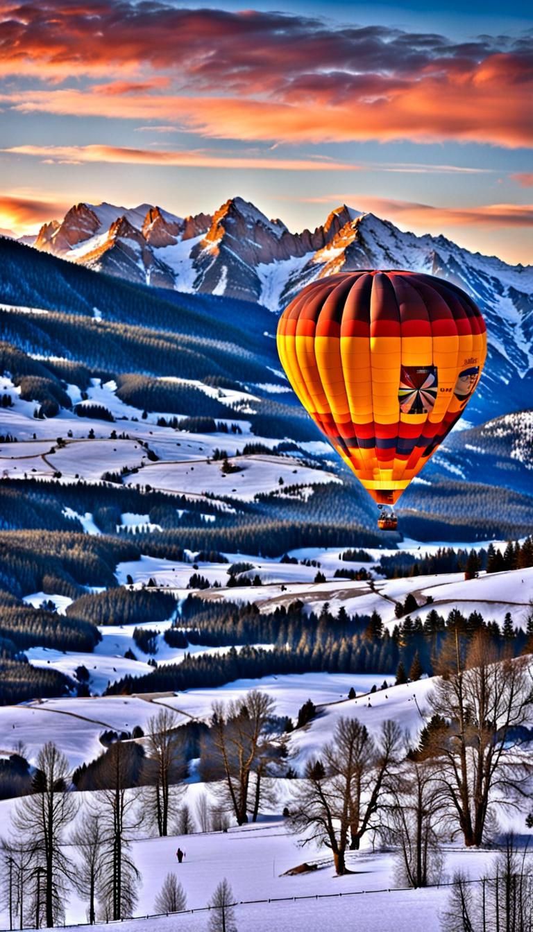 Hot Air Balloons at Snowy Mountain Sunset