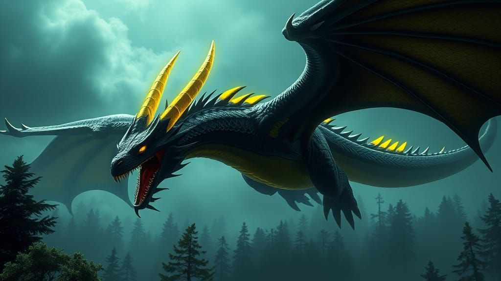 Majestic Black Dragon Soars Through Dark Fantasy Forest