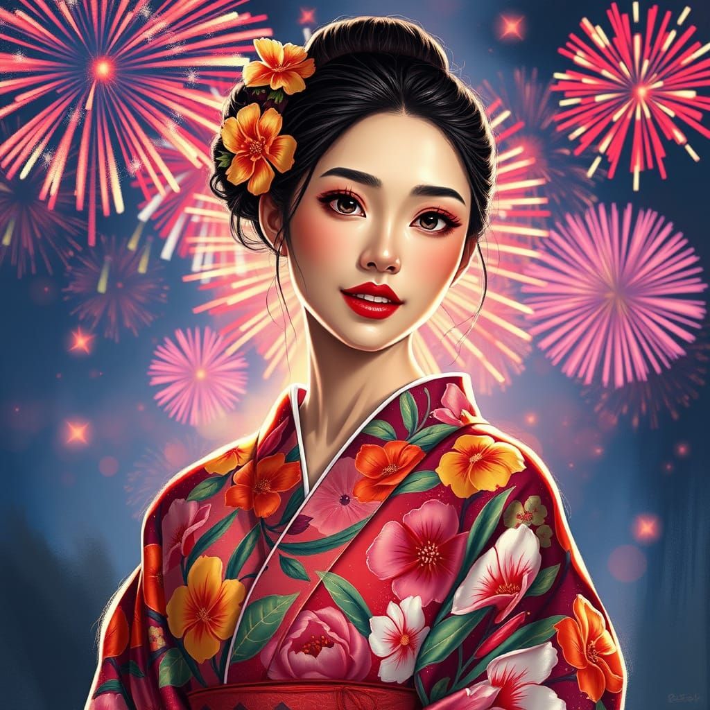 Woman in Floral Yukata with Fireworks, Digital Illustration