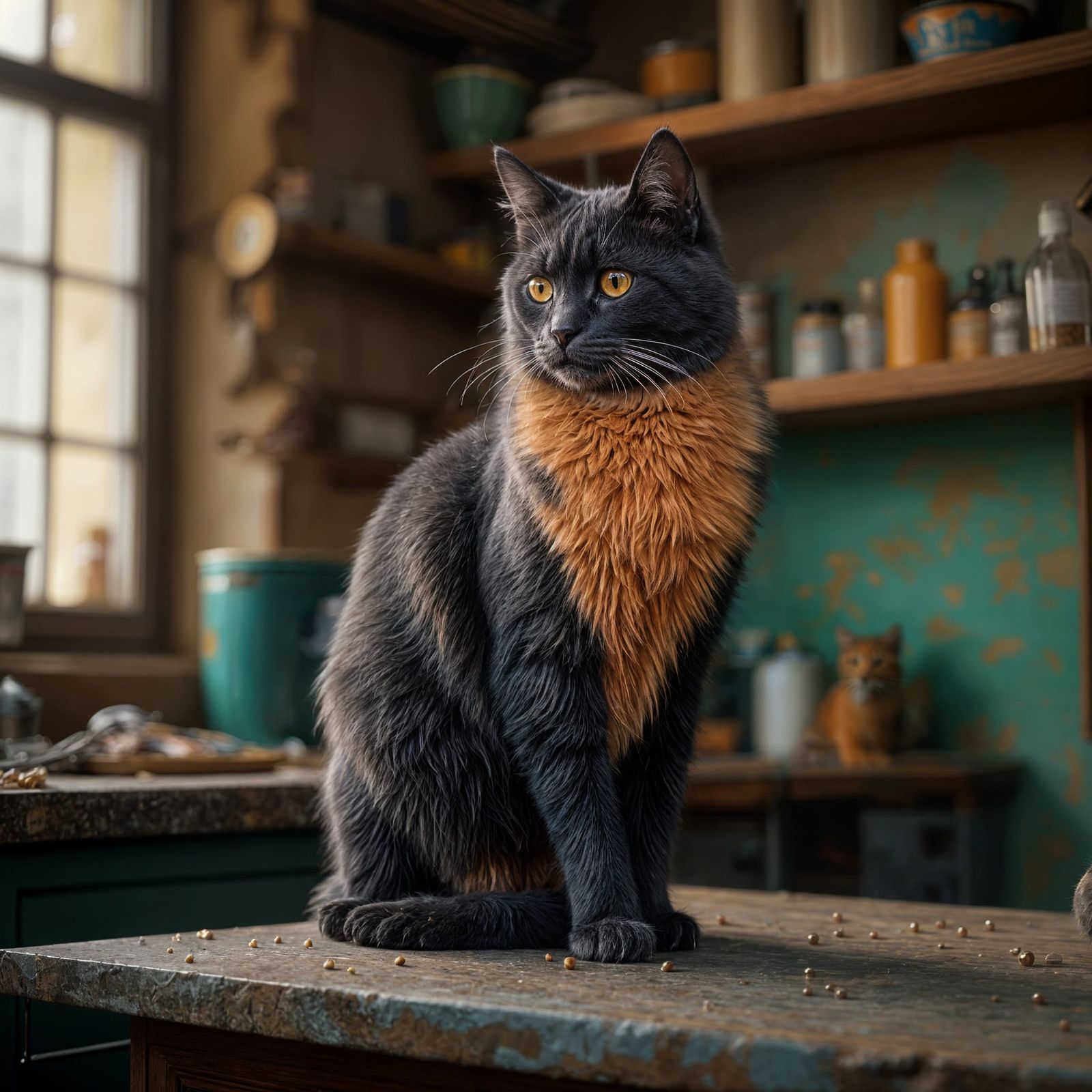 Elderly Fluffy Cat Sits on Hardware Shop Counter, Seeking Tr...