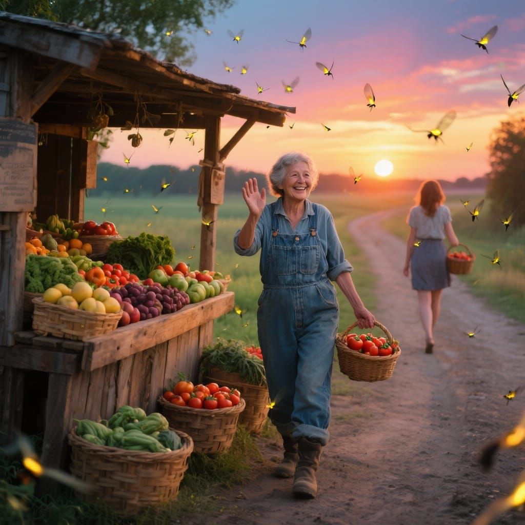 Sunset Market Scene with Waving Woman