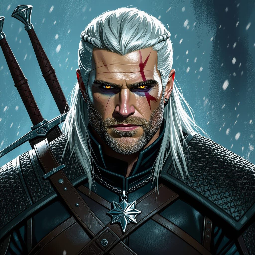Geralt of Rivia: White Hair, Gold Eyes, Witcher Medallion