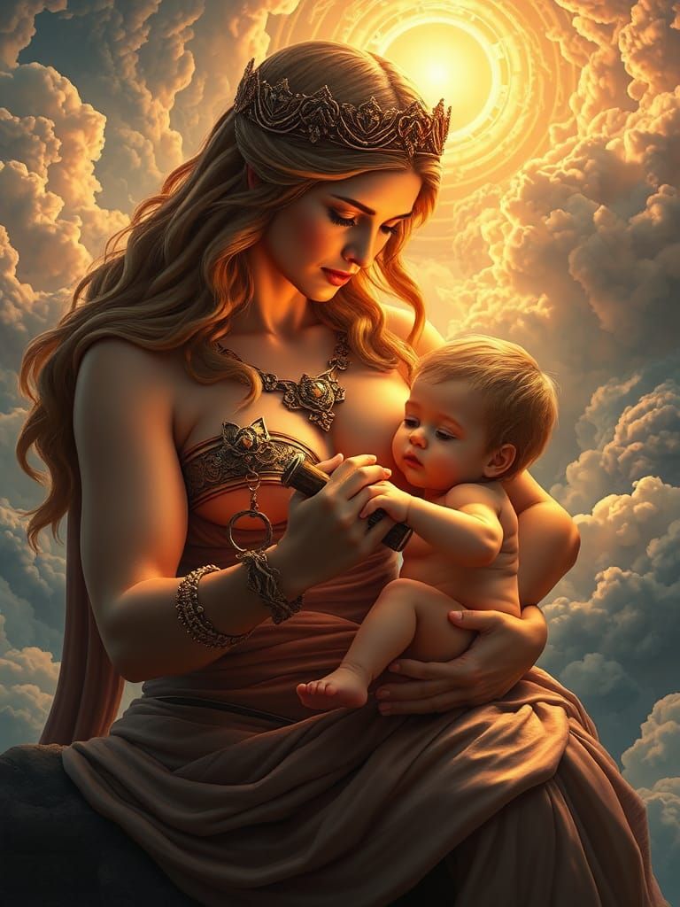 Acmena Cradles Hercules: A Mythical Art Nouveau Portrait