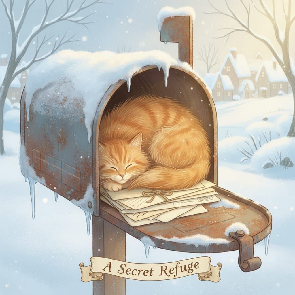 A weathered metal mailbox, dusted with freshly fallen snow, reveals a cozy hidden nook inside. Atop a pile of letters la...